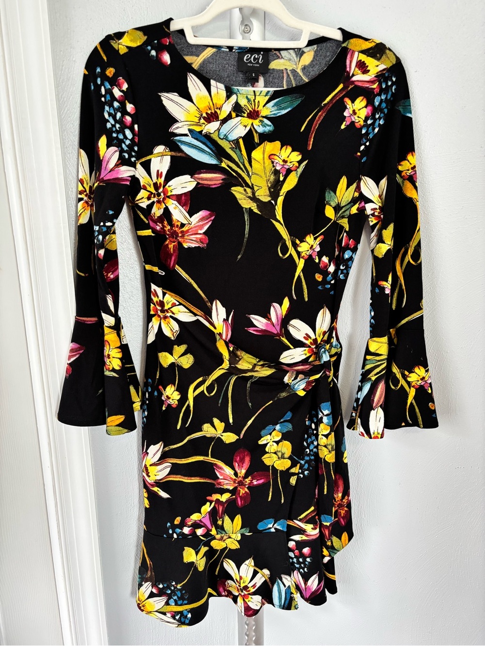 ECI Black Floral Wrap Dress with Yellow & Pink Blossoms